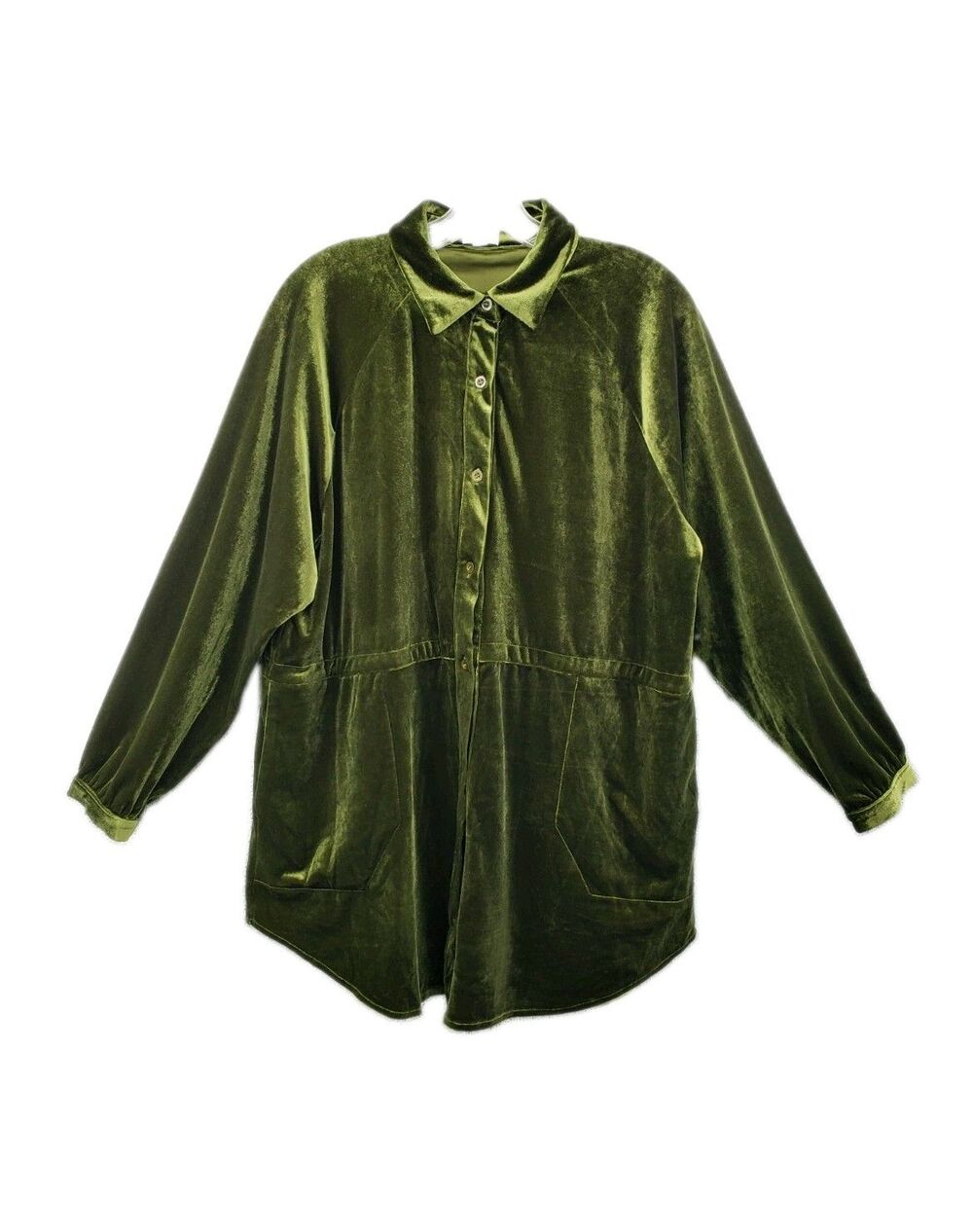 Meritt Clothing Label Velvet Button Up Tunic Shirt Size M Olive Green Oversize
